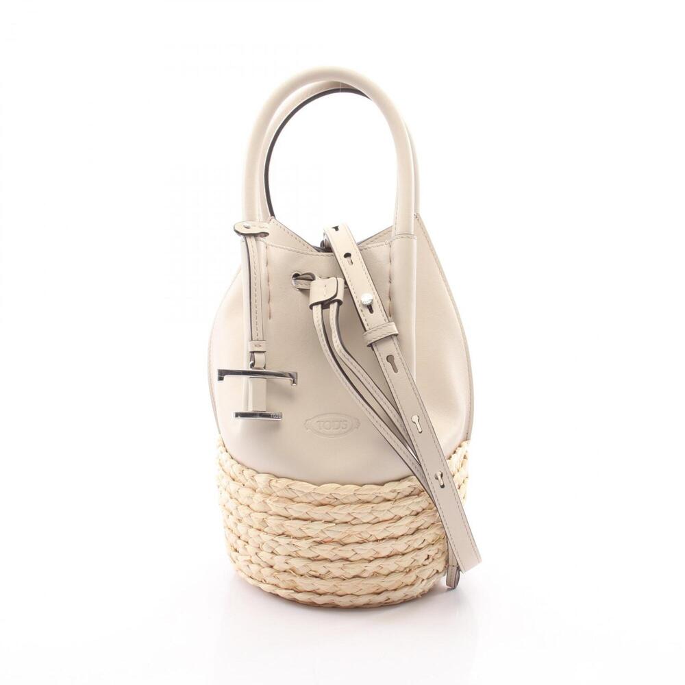 Tod's T-Timeless Bucket Bag, 2-Way Handbag, Leather/Straw, Women's, Gray/Ivory